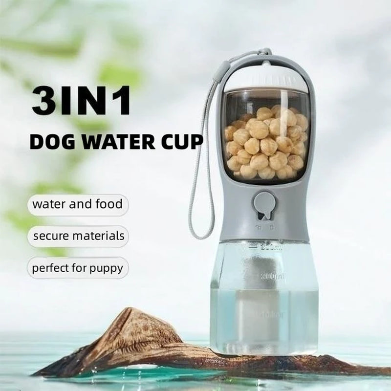 Portable 3-in-1 Pet Water Cup with Food Dispenser and Waste Bag Holder