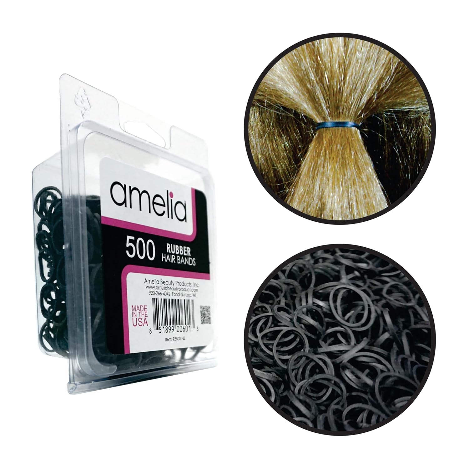 Amelia Beauty | 500 Count 1/2" Rubber Bands | Premium US Made Rubber Hair Ties | Ideal for Ponytails, Braids & Beards | Strong All Day Hold | Convenient Re-Closable Container | Black