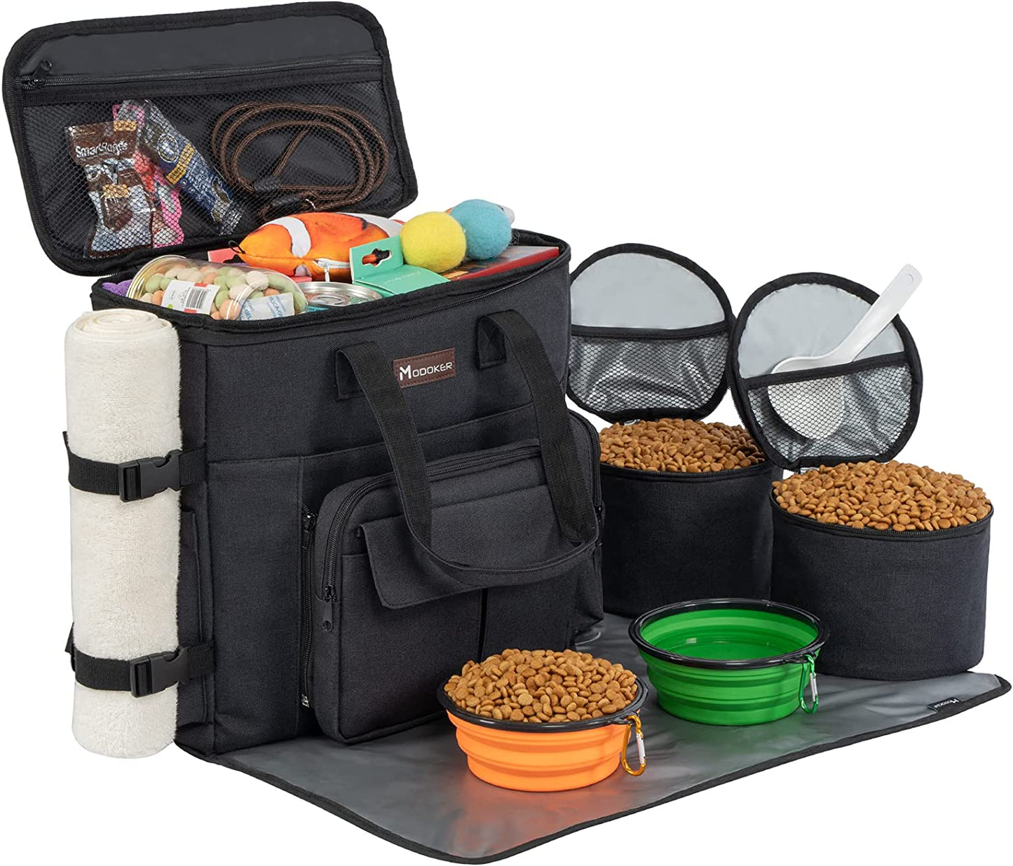 Professional Dog Travel Bag with 2 Collapsible Bowls, Backpack, Airline-Approved Organizer for Supplies & Accessories, and 2 Food Containers, Black