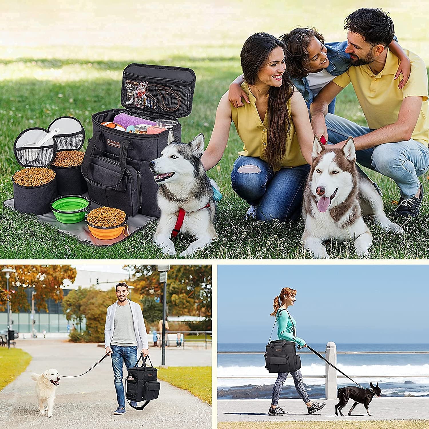 Professional Dog Travel Bag with 2 Collapsible Bowls, Backpack, Airline-Approved Organizer for Supplies & Accessories, and 2 Food Containers, Black