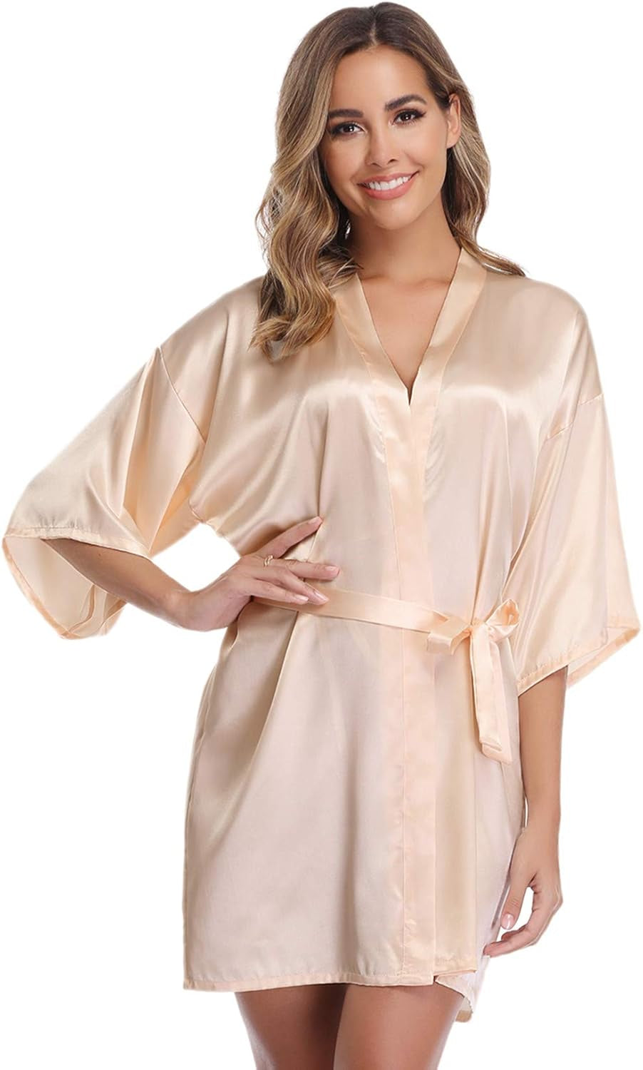 Women'S Satin Robe Short Kimono Bathrobes for Bride & Bridesmaid Wedding Party Robes with Gold Glitter or Rhinestones