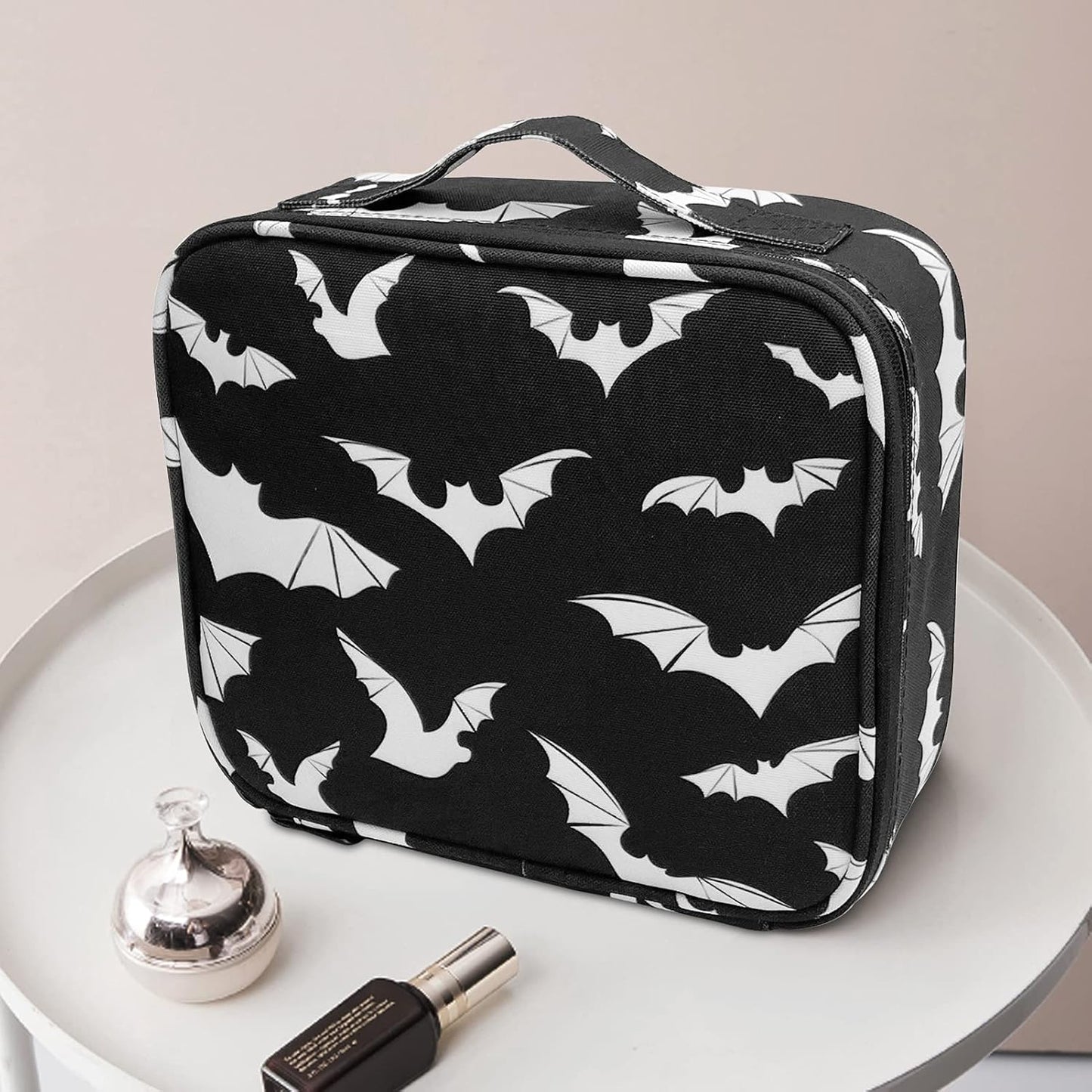 Goth Makeup Organizer Bag, Halloween Makeup Bags Large Cosmetic Bag with Adjustable Dividers Portable Bat Cosmetic Case for Make up Brushes Toiletry Jewelry（Black Bats）