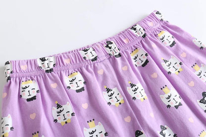 Young Girls Pajama Cute Cat Pattern Nighty Comfy Shorts Cotton Sleepwear