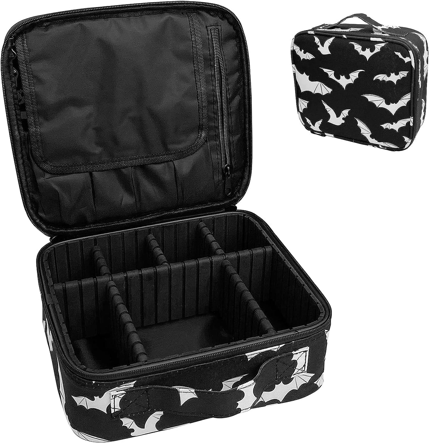 Goth Makeup Organizer Bag, Halloween Makeup Bags Large Cosmetic Bag with Adjustable Dividers Portable Bat Cosmetic Case for Make up Brushes Toiletry Jewelry（Black Bats）