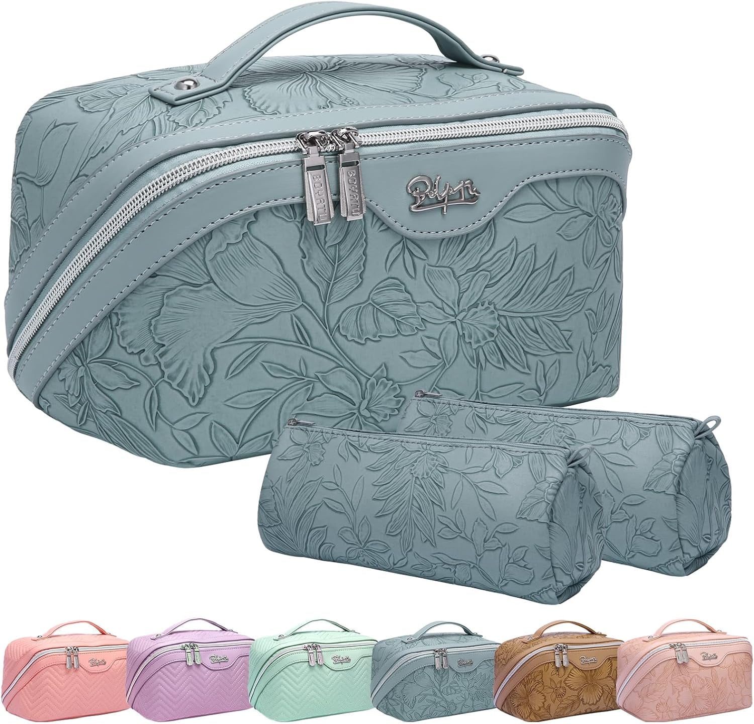 Travel Makeup Bags Cosmetic Organizer Bag: 3-Set Large Capacity Make up Bag - PU Leather Toiletry Bag for Women - Wide Open Portable Pouch with Divider & Handle (01-Light Blue)