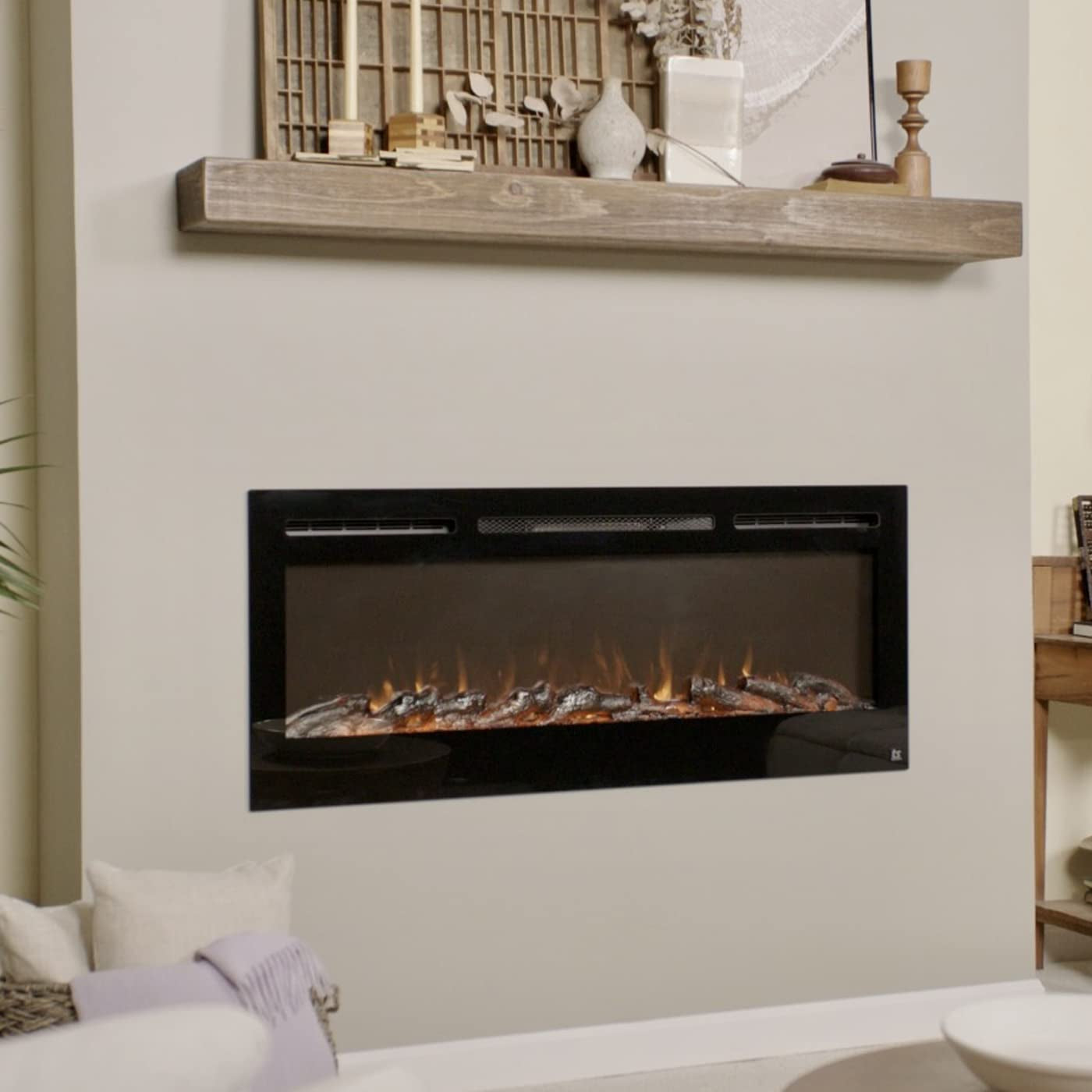 Smart Electric Fireplace-The Sideline 50" Wide-In Wall Recessed - 30 Realistic Ember Color/Flame Options - 1,500W Heater W/Thermostat - Log & Crystal Hearth Options - Alexa/Wifi Enabled