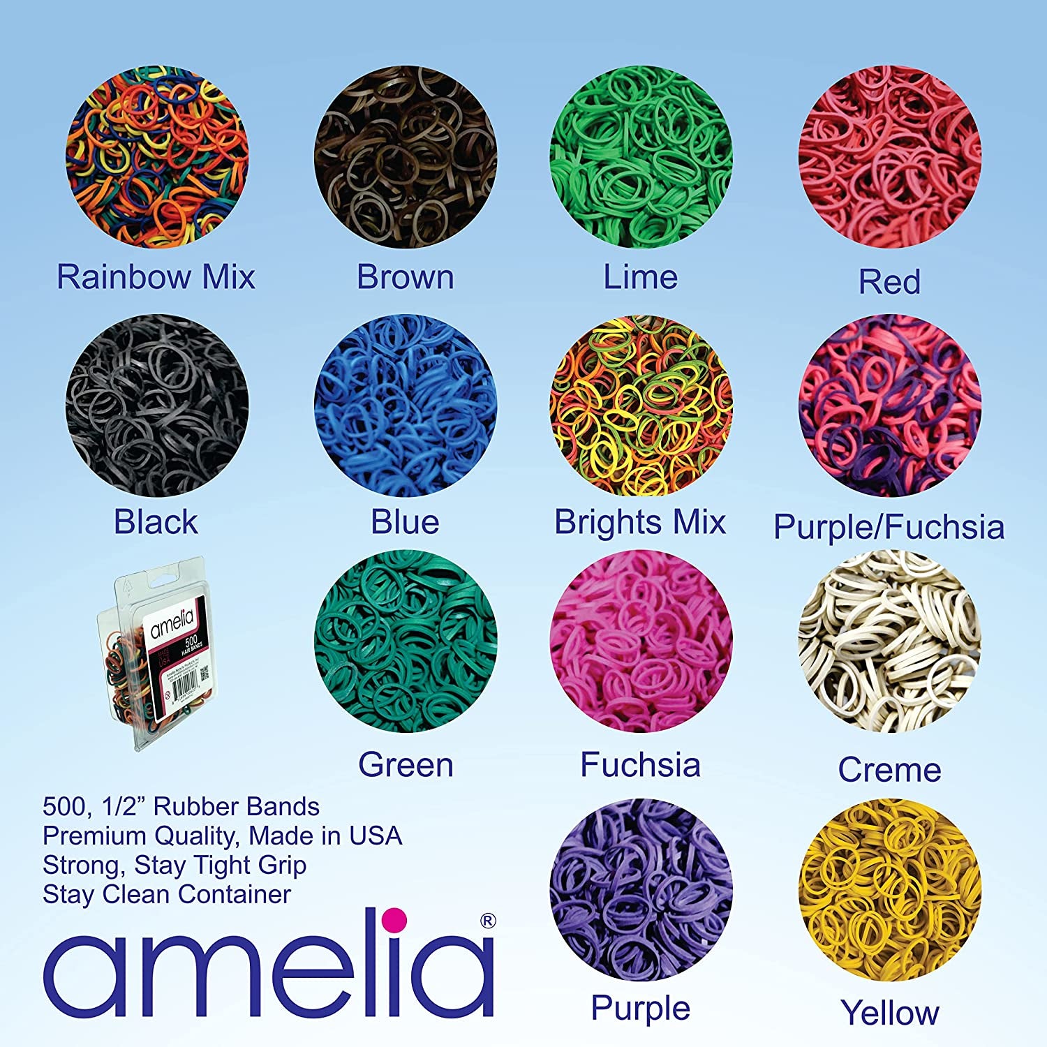 Amelia Beauty | 500 Count 1/2" Rubber Bands | Premium US Made Rubber Hair Ties | Ideal for Ponytails, Braids & Beards | Strong All Day Hold | Convenient Re-Closable Container | Black