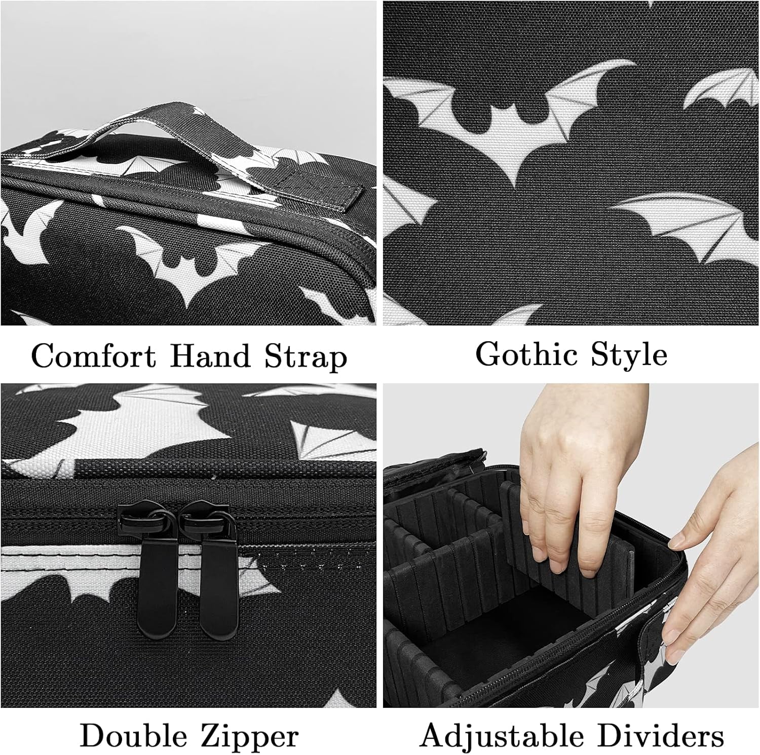 Goth Makeup Organizer Bag, Halloween Makeup Bags Large Cosmetic Bag with Adjustable Dividers Portable Bat Cosmetic Case for Make up Brushes Toiletry Jewelry（Black Bats）