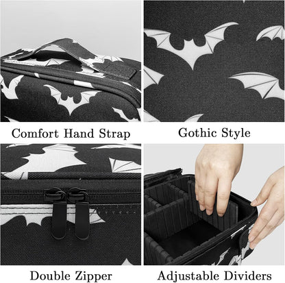 Goth Makeup Organizer Bag, Halloween Makeup Bags Large Cosmetic Bag with Adjustable Dividers Portable Bat Cosmetic Case for Make up Brushes Toiletry Jewelry（Black Bats）