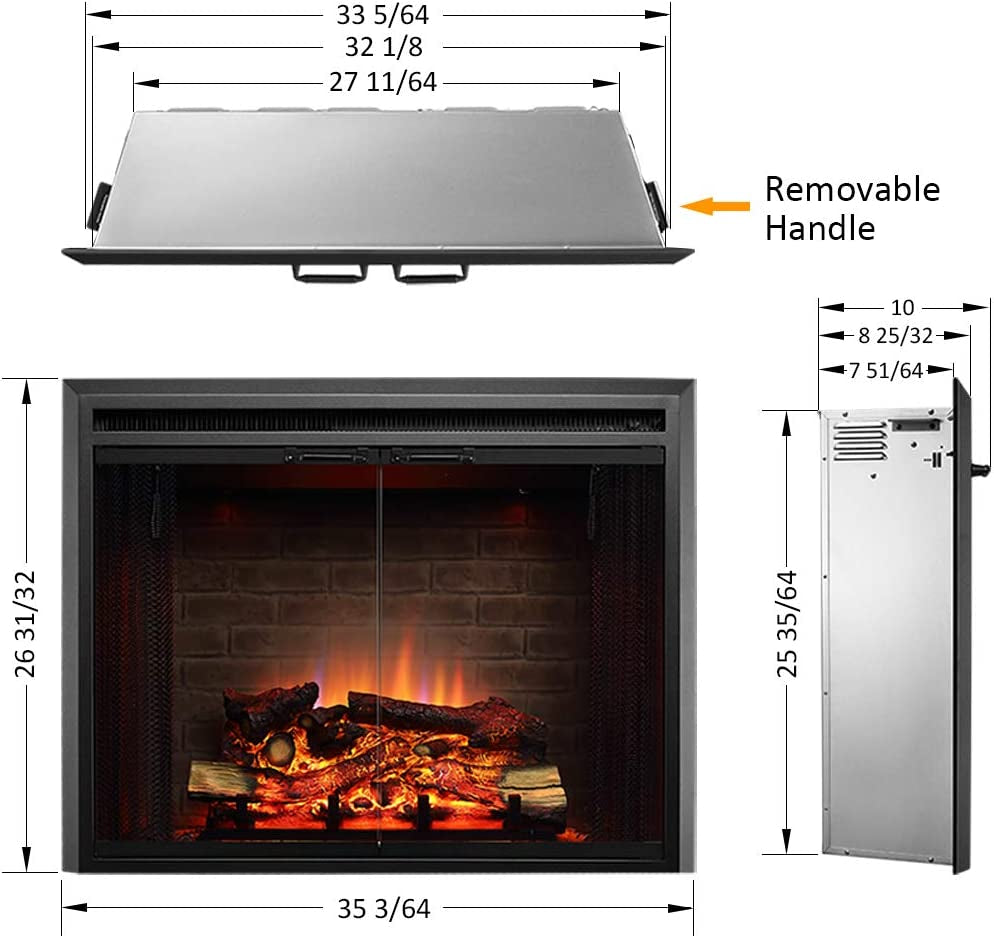 Klaus Electric Fireplace Insert with Fire Crackling Sound, Glass Door and Mesh Screen, 750/1500W, Black, 33 1/16 Inches Wide, 25 9/16 Inches High