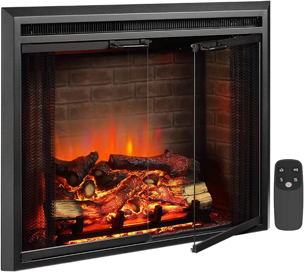 Klaus Electric Fireplace Insert with Fire Crackling Sound, Glass Door and Mesh Screen, 750/1500W, Black, 33 1/16 Inches Wide, 25 9/16 Inches High