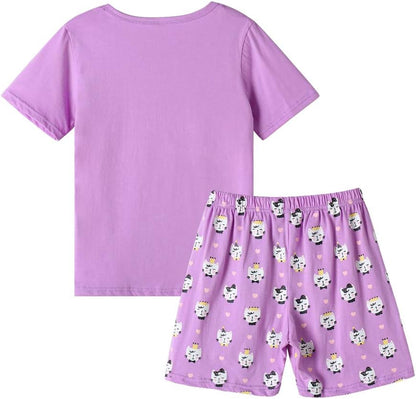 Young Girls Pajama Cute Cat Pattern Nighty Comfy Shorts Cotton Sleepwear