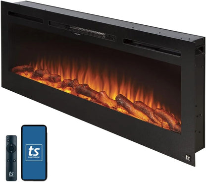 Smart Electric Fireplace-The Sideline 50" Wide-In Wall Recessed - 30 Realistic Ember Color/Flame Options - 1,500W Heater W/Thermostat - Log & Crystal Hearth Options - Alexa/Wifi Enabled