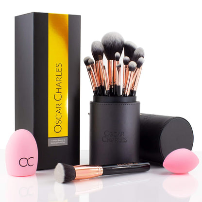 17 Piece Professional Makeup Brush Set: Make up Brushes with Case, Beauty Blender, Brush Cleaner, Product Guide and Gift Box