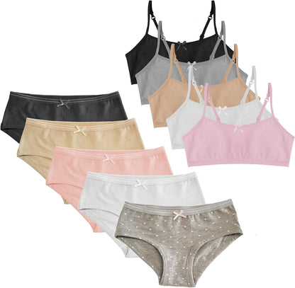 Matching Girls Underwear Set - Crop Cami Training Bras for Girls with Hipster Girls Panties 10 Pieces