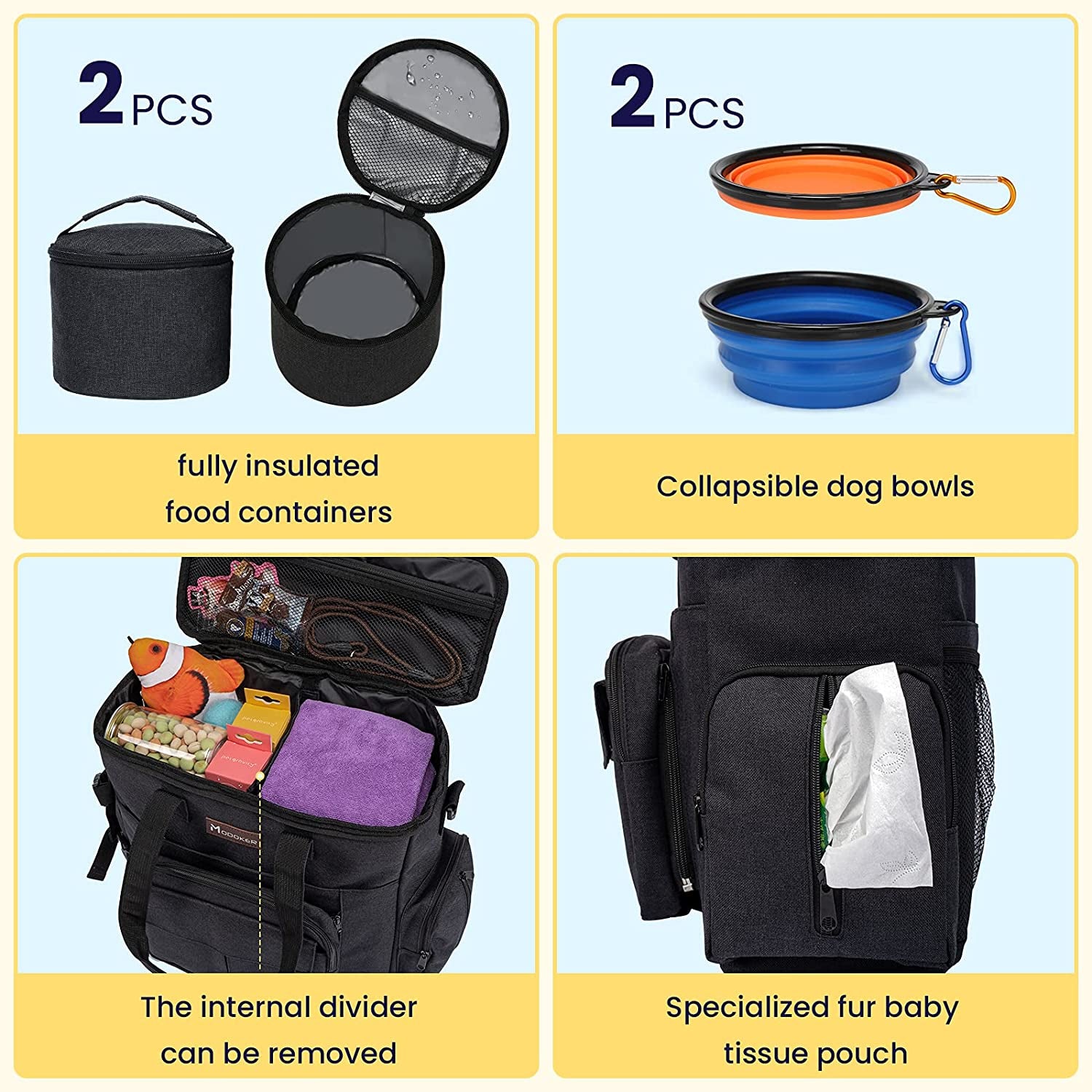 Professional Dog Travel Bag with 2 Collapsible Bowls, Backpack, Airline-Approved Organizer for Supplies & Accessories, and 2 Food Containers, Black