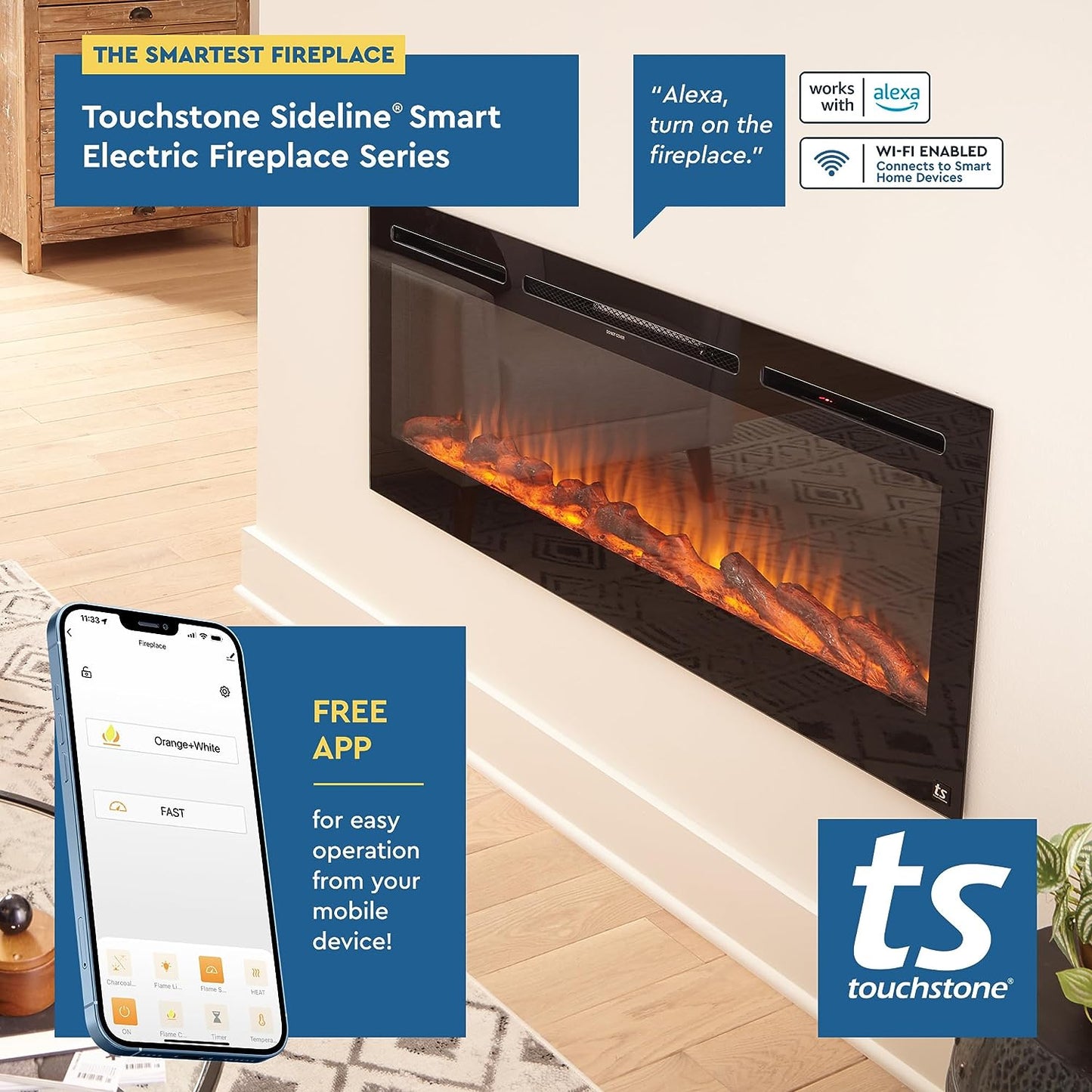 Smart Electric Fireplace-The Sideline 50" Wide-In Wall Recessed - 30 Realistic Ember Color/Flame Options - 1,500W Heater W/Thermostat - Log & Crystal Hearth Options - Alexa/Wifi Enabled