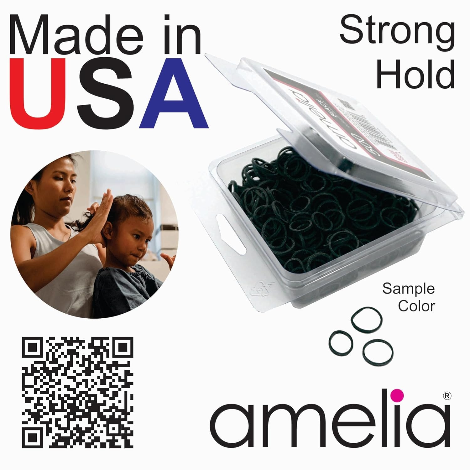 Amelia Beauty | 500 Count 1/2" Rubber Bands | Premium US Made Rubber Hair Ties | Ideal for Ponytails, Braids & Beards | Strong All Day Hold | Convenient Re-Closable Container | Black