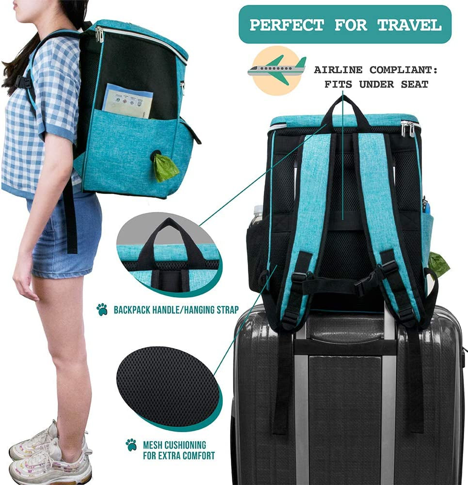 Dog Travel Bag Backpack, Airline Approved Dog Bags for Traveling, Puppy Diaper Bag Supplies, Pet Camping Essentials Hiking Accessories Dog Mom Gift, Food Container, Collapsible Bowls, Teal Blue