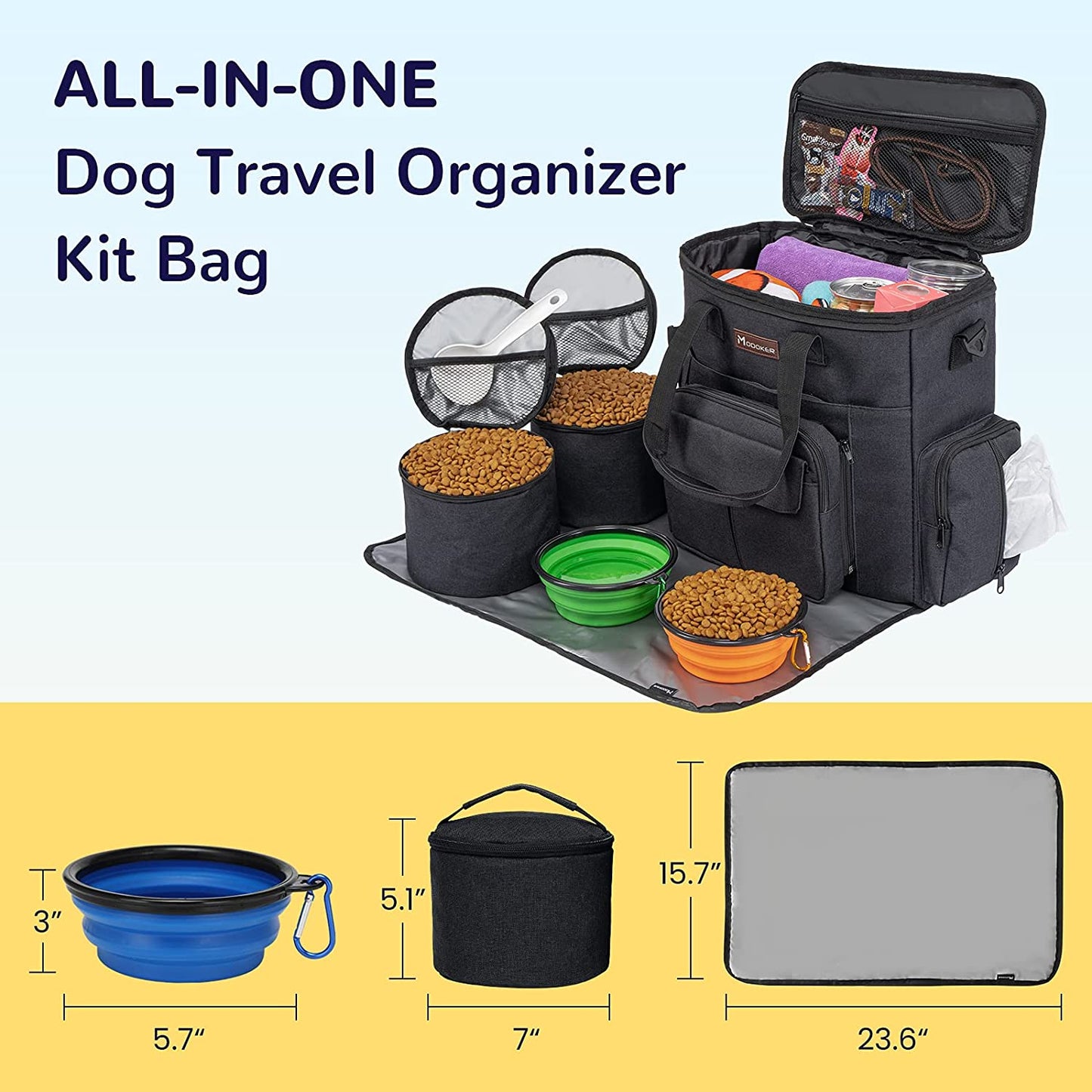 Professional Dog Travel Bag with 2 Collapsible Bowls, Backpack, Airline-Approved Organizer for Supplies & Accessories, and 2 Food Containers, Black