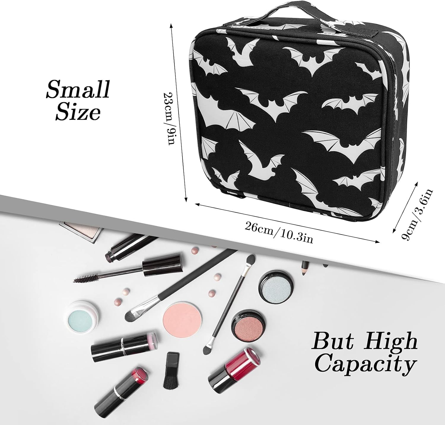 Goth Makeup Organizer Bag, Halloween Makeup Bags Large Cosmetic Bag with Adjustable Dividers Portable Bat Cosmetic Case for Make up Brushes Toiletry Jewelry（Black Bats）