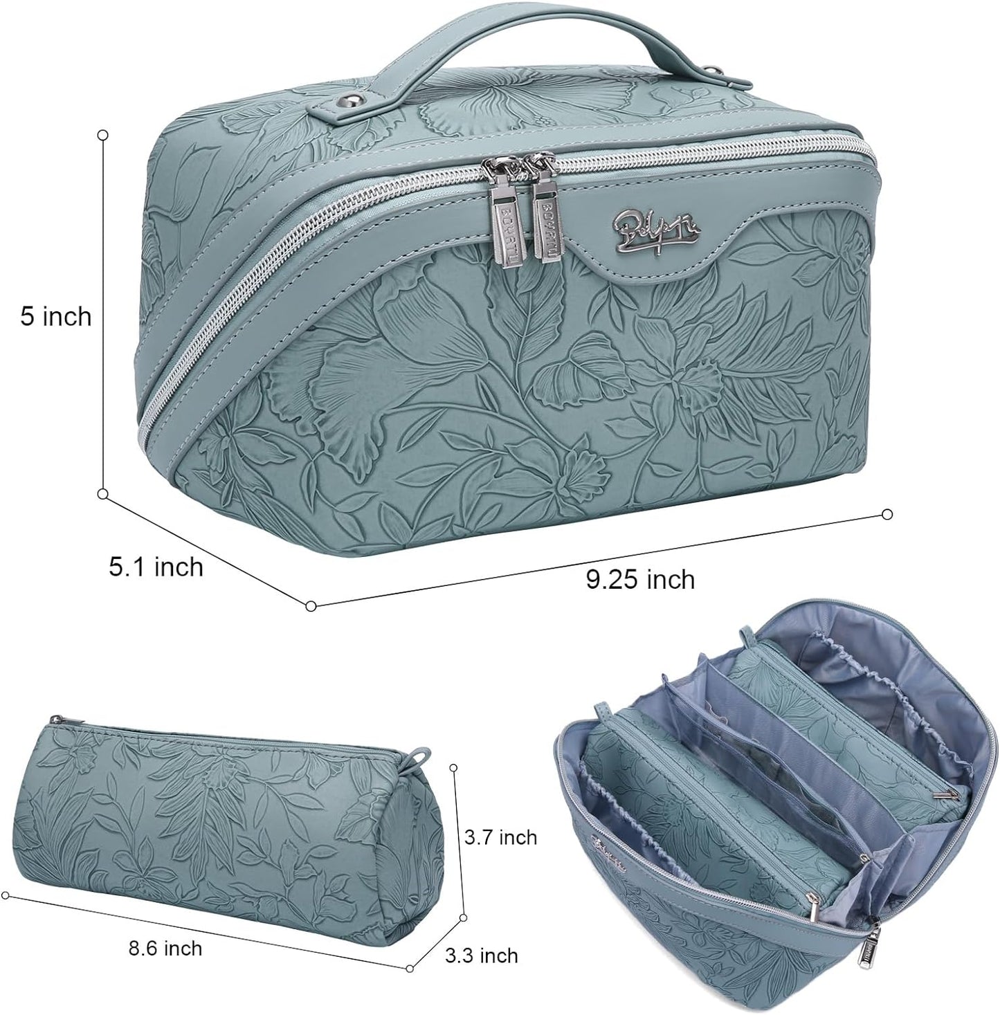 Travel Makeup Bags Cosmetic Organizer Bag: 3-Set Large Capacity Make up Bag - PU Leather Toiletry Bag for Women - Wide Open Portable Pouch with Divider & Handle (01-Light Blue)