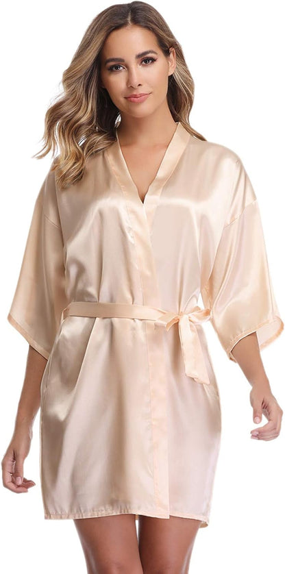 Women'S Satin Robe Short Kimono Bathrobes for Bride & Bridesmaid Wedding Party Robes with Gold Glitter or Rhinestones